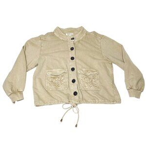 Solitaire Women’s Size Large Tan Jacket Button Up Embroidered Pockets Bohemian
